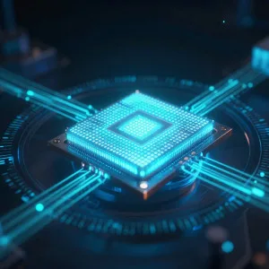 Glowing blue computer processor chip with circuit pathways and futuristic holographic interface elements