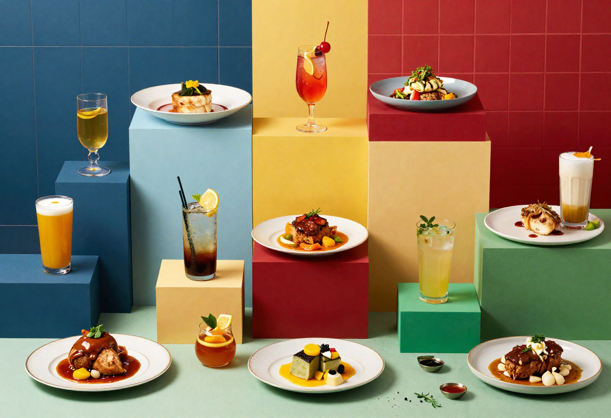 Elegant food and cocktail display on colorful geometric blocks with gourmet dishes and craft drinks