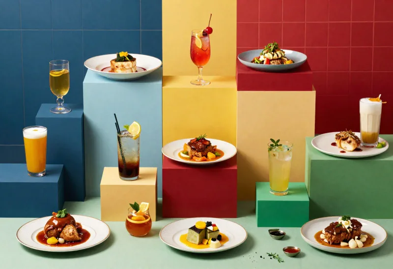 Elegant food and cocktail display on colorful geometric blocks with gourmet dishes and craft drinks