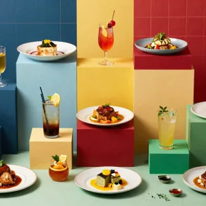 Elegant food and cocktail display on colorful geometric blocks with gourmet dishes and craft drinks