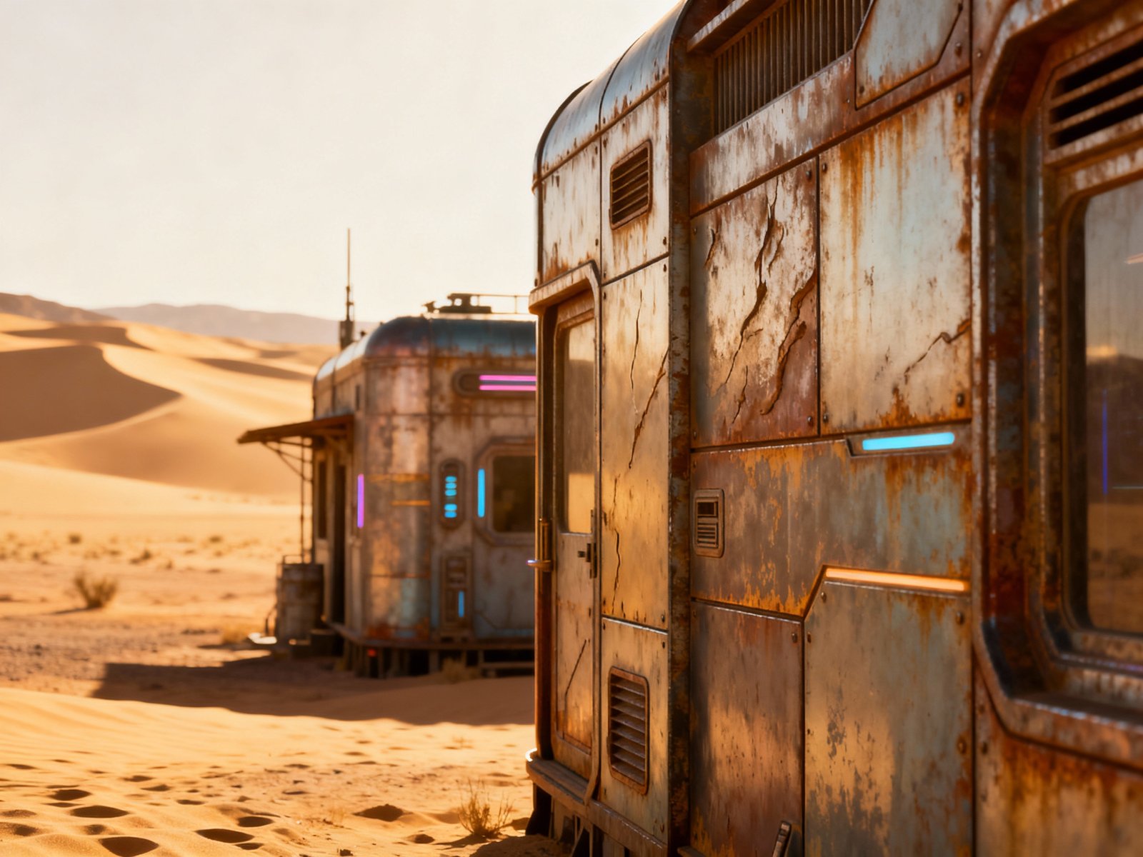 Rusty futuristic buildings with neon lights in desert landscape at sunset