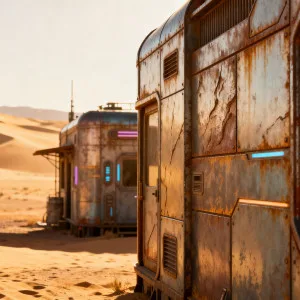 Rusty futuristic buildings with neon lights in desert landscape at sunset
