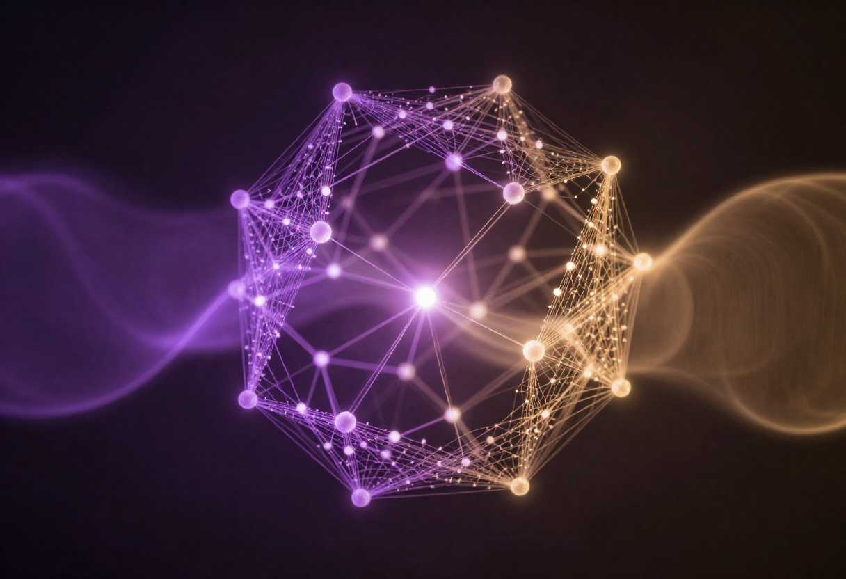 Abstract 3D network with glowing purple and gold interconnected nodes and flowing light effects on dark background