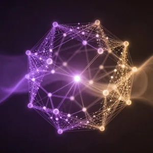 Abstract 3D network with glowing purple and gold interconnected nodes and flowing light effects on dark background