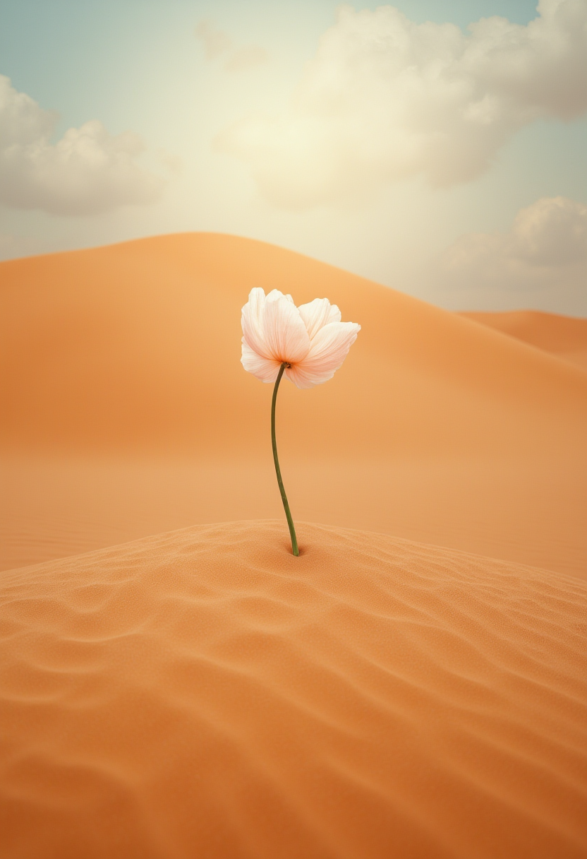 Single white poppy flower with long green stem standing alone in orange desert sand dunes under cloudy sky