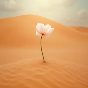 Single white poppy flower with long green stem standing alone in orange desert sand dunes under cloudy sky