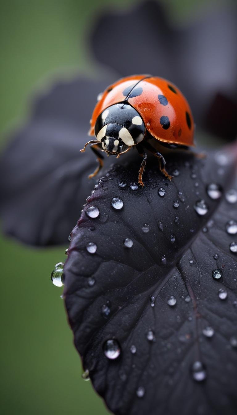 Red and black spotted ladybug sitting on dark leaf with water droplets in macro photography