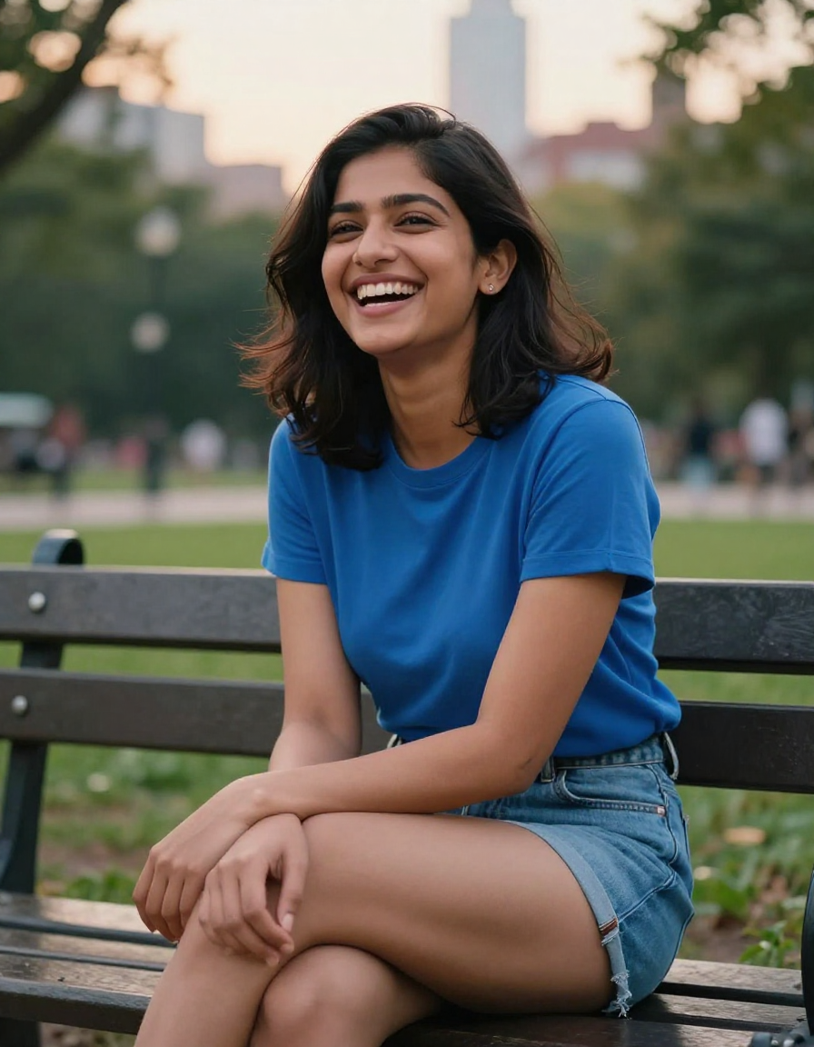 Smiling young woman in blue shirt sitting on park bench with city buildings in blurred background