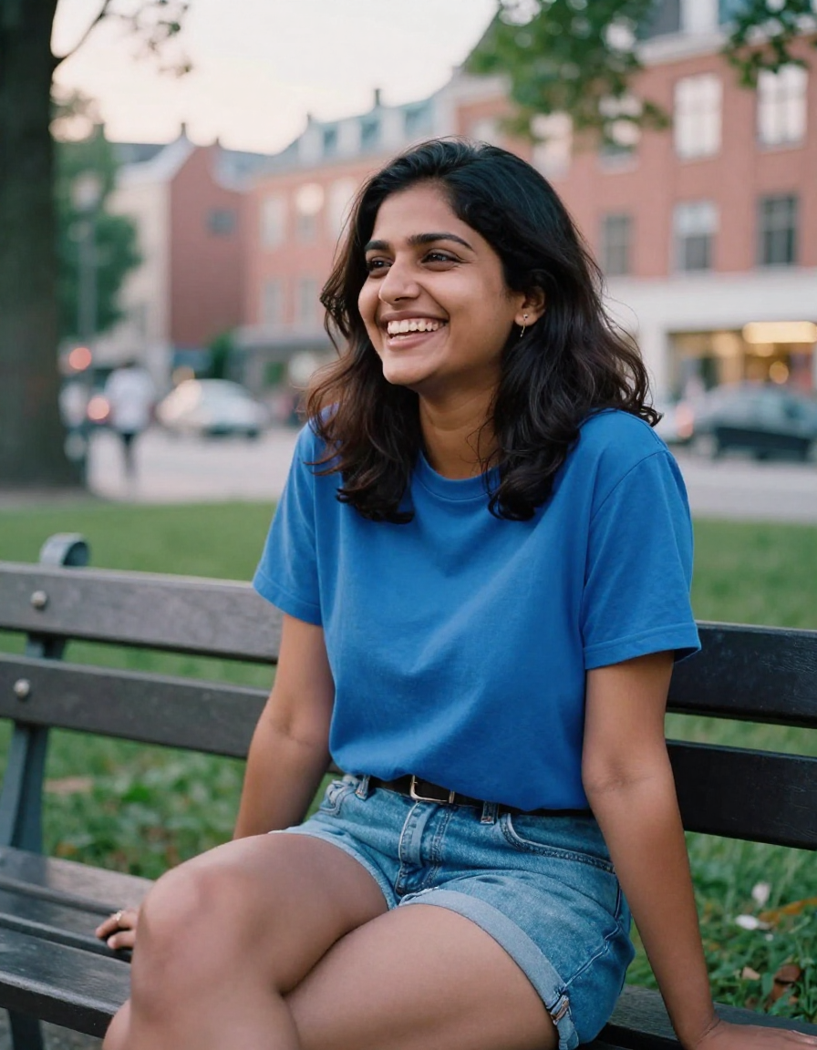 Smiling young woman in blue shirt sitting on wooden park bench with city buildings in background