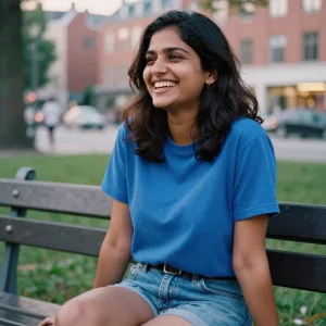 Smiling young woman in blue shirt sitting on wooden park bench with city buildings in background