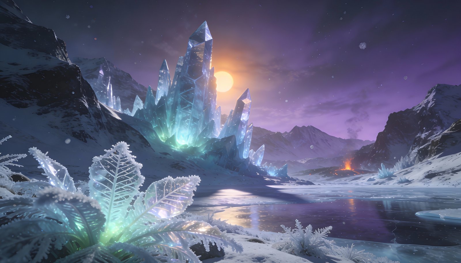 Large glowing blue crystals jutting from snowy mountain landscape with purple starry sky and frozen plants
