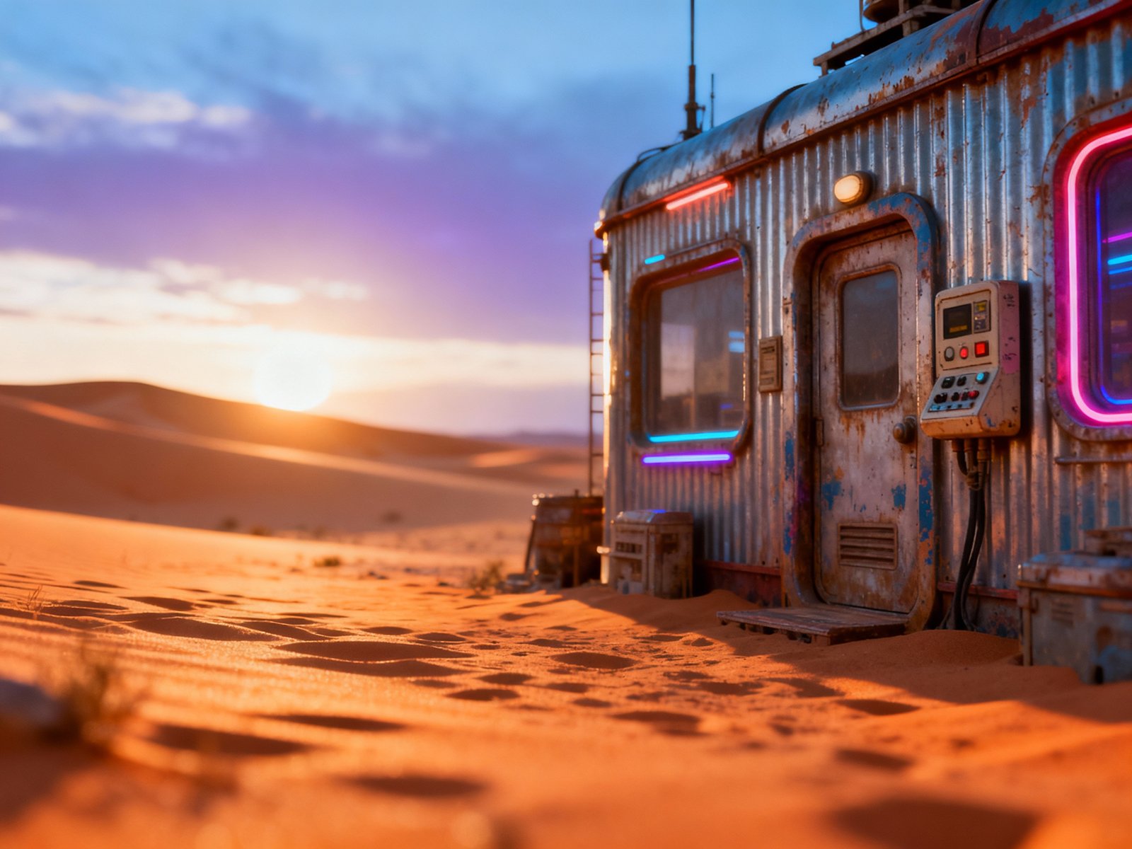 Rusty futuristic building with pink and blue neon lights in desert landscape at sunset