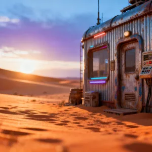 Rusty futuristic building with pink and blue neon lights in desert landscape at sunset